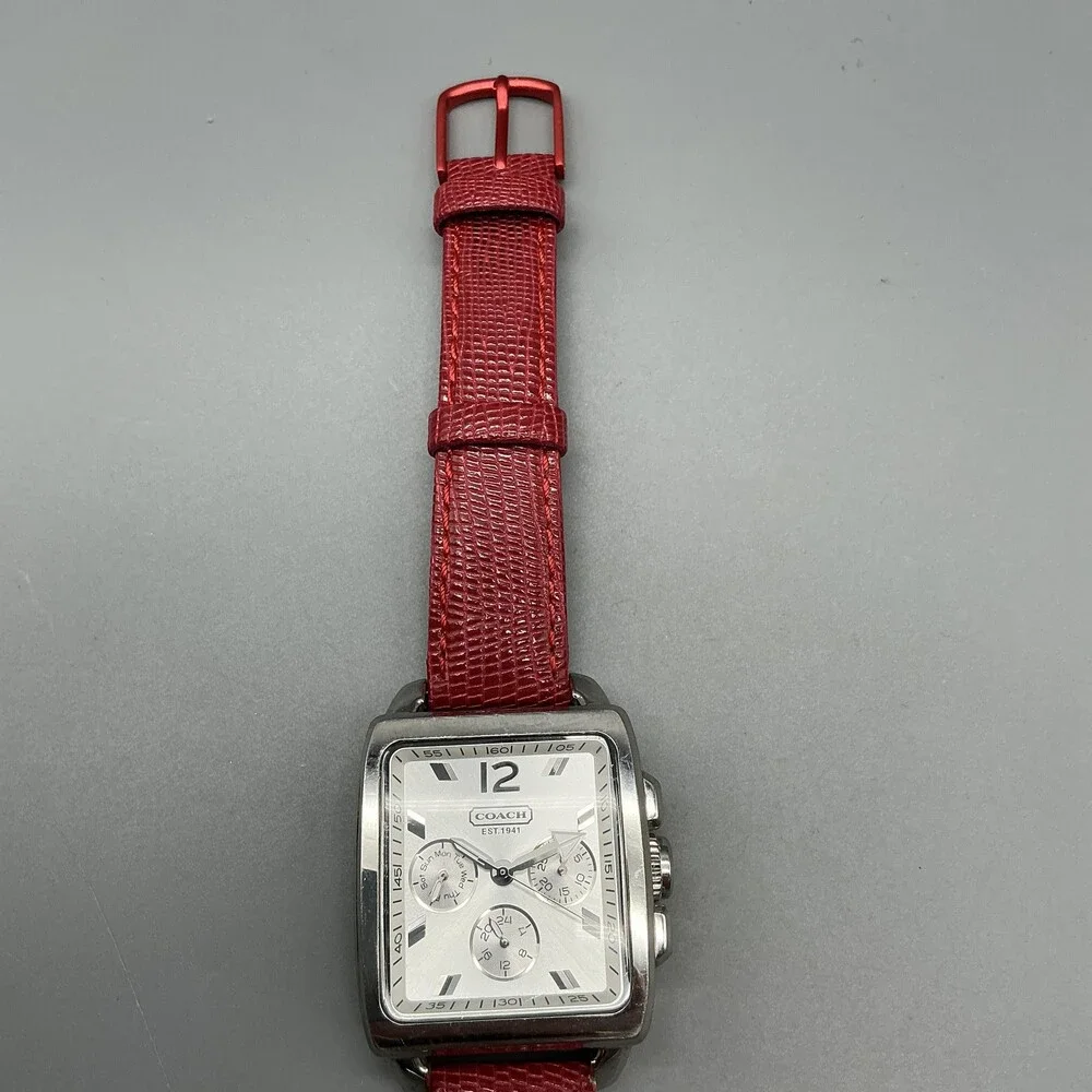 Coach Boyfriend Square Womens Watch 32mm Silver Dial Red Leather New Battery